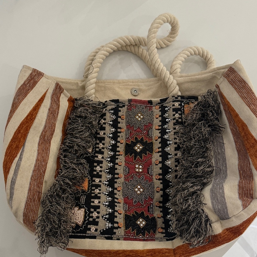 Artisan Striped Tote Bag with Fringe